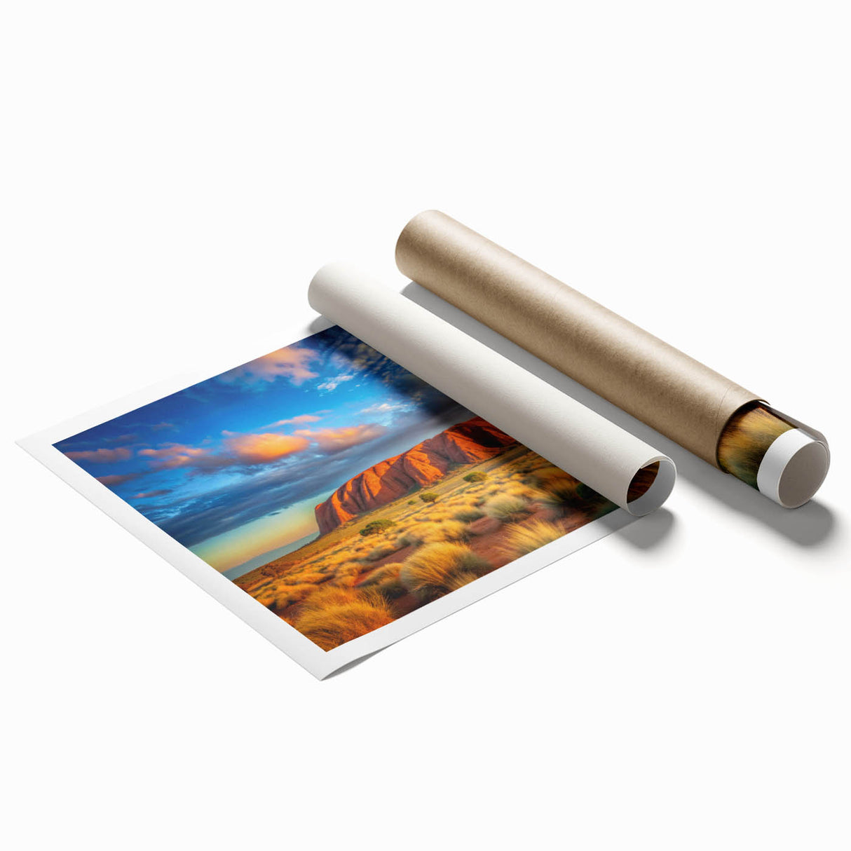 Extra large rolled print depicting Ayers Rock in Australia, using earthy tones and a realistic style.