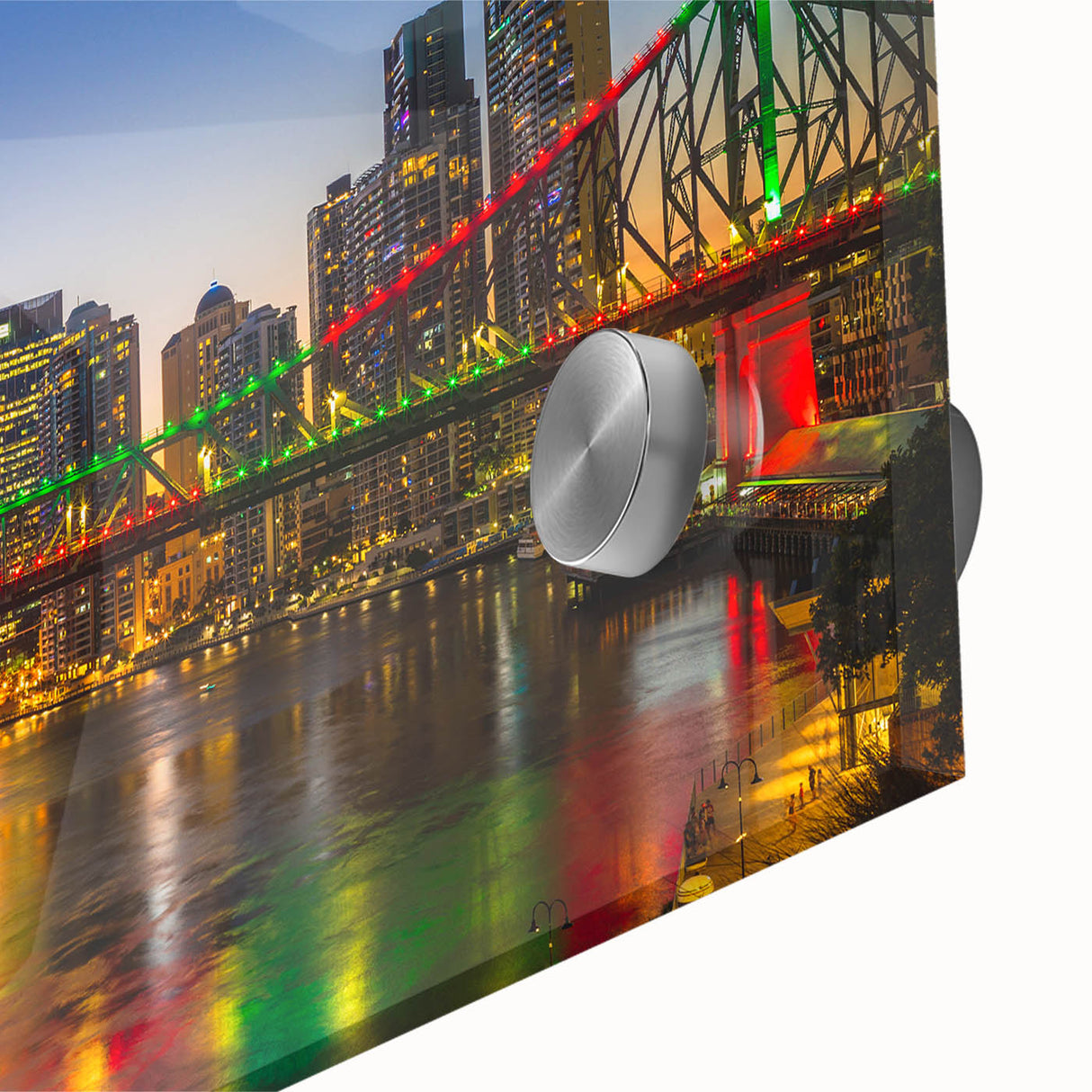 Large abstract depiction of Brisbane scenery in pastel shades on acrylic glass.