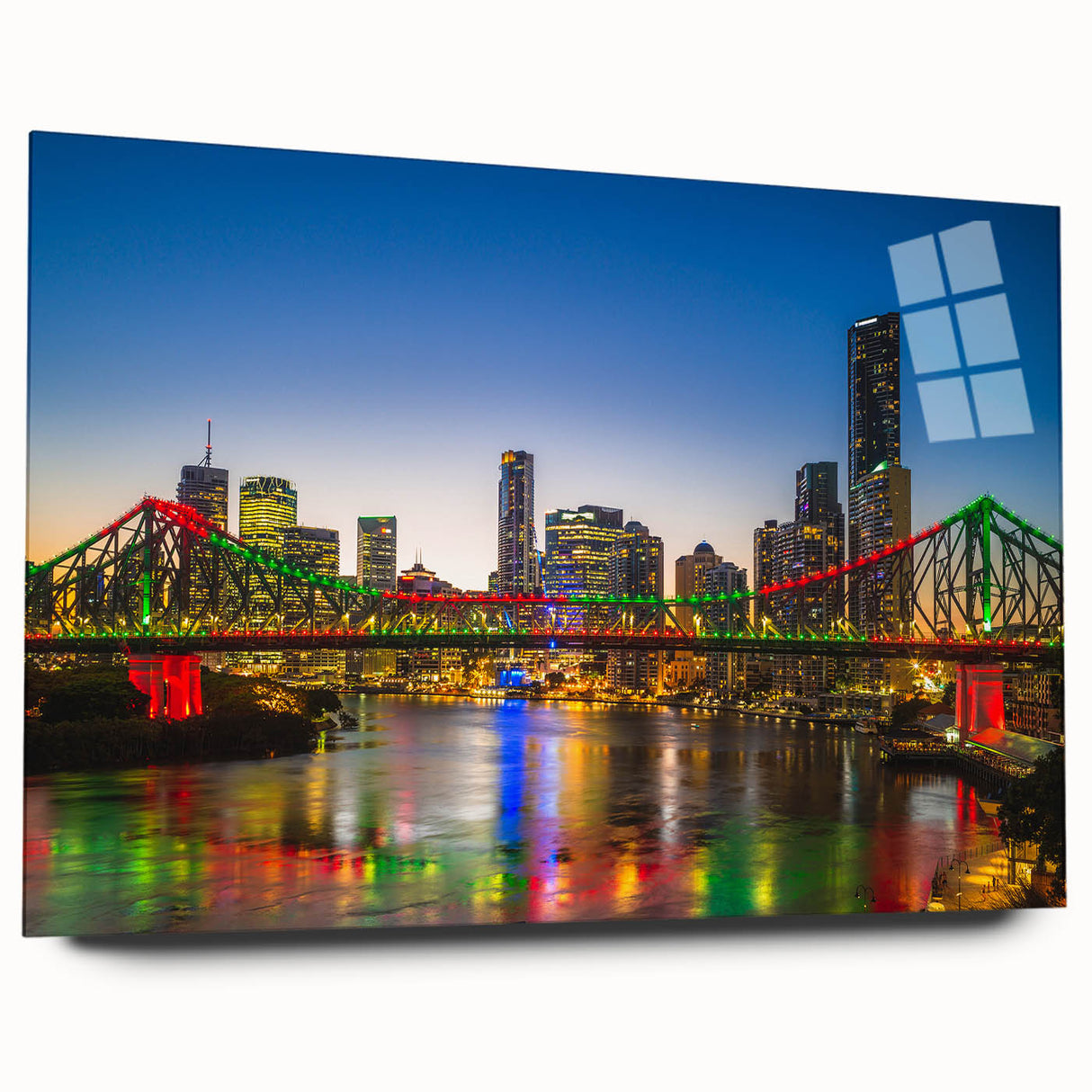 Large abstract depiction of Brisbane skyline in muted gray and blue tones on acrylic glass.