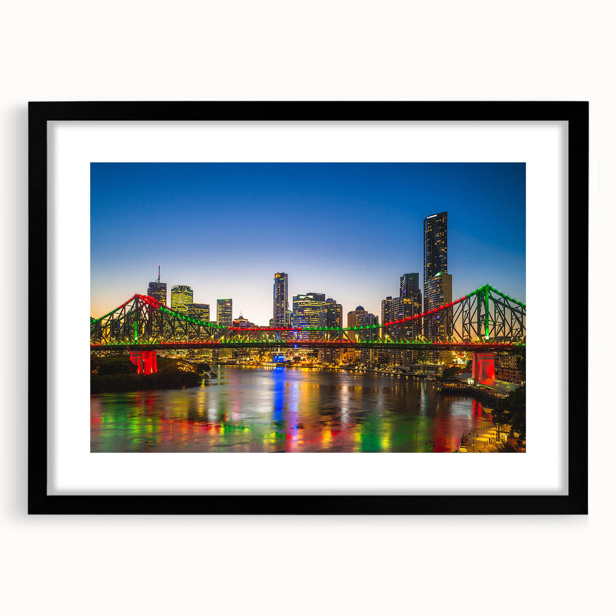 Extra large abstract art print of colorful, textured Brisbane scenery on a black framed canvas, ideal for living room decor.