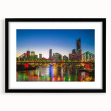 Extra large abstract art print of colorful, textured Brisbane scenery on a black framed canvas, ideal for living room decor.