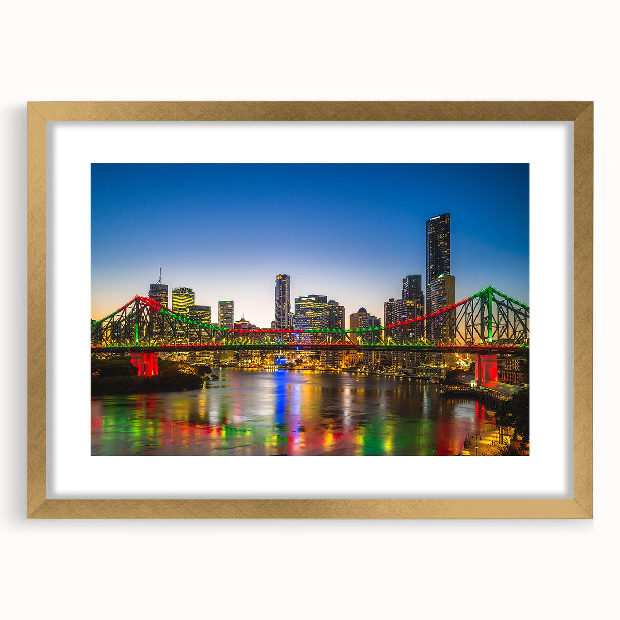 Textured art print of abstract Brisbane skyline in gold frame, ideal for bedroom art.