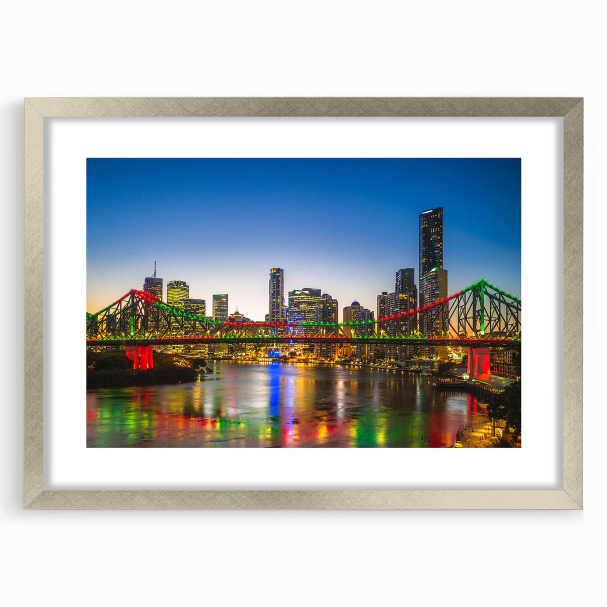 Abstract art print of Brisbane skyline in muted gray and silver tones on framed canvas.