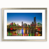 Abstract art print of Brisbane skyline in muted gray and silver tones on framed canvas.