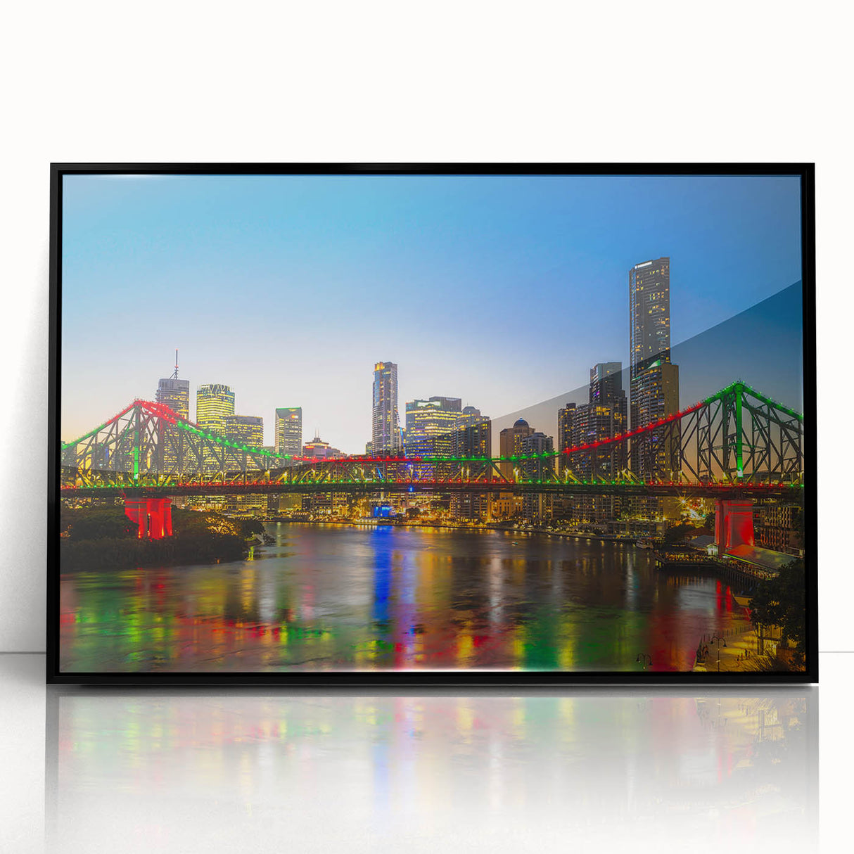 Large abstract wall art depicting Brisbane's skyline in muted gray and blue tones on a framed acrylic print.