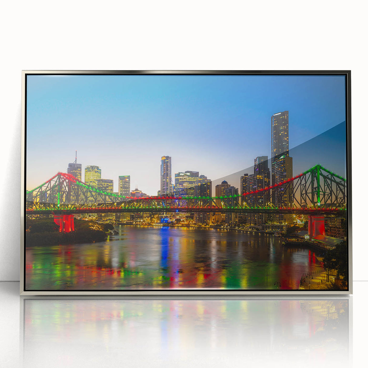 Art deco poster of Brisbane skyline in silver and gray tones on framed acrylic.