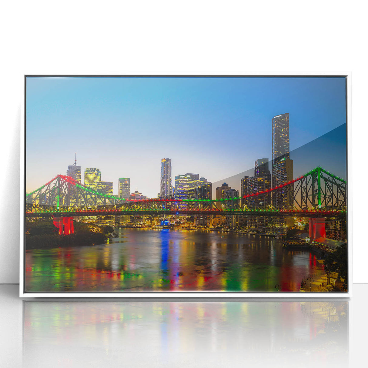Framed acrylic print of Brisbane skyline in muted gray and blue, ideal for modern art wall decor.