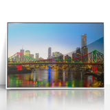 Framed acrylic print of Brisbane skyline in muted gray and blue, ideal for modern art wall decor.