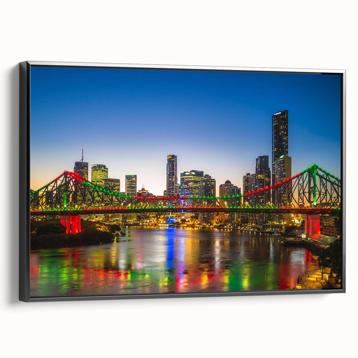 Black and white framed canvas of Brisbane landscape, vintage poster art style, ideal for bedroom wall decor.