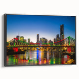 Black and white framed canvas of Brisbane landscape, vintage poster art style, ideal for bedroom wall decor.