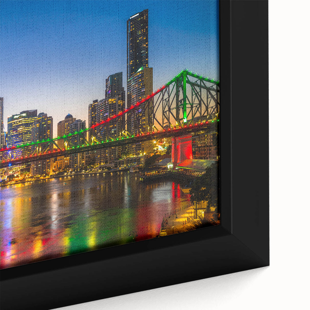 Extra large framed canvas featuring a textured portrayal of the Brisbane skyline in black with colorful accents.