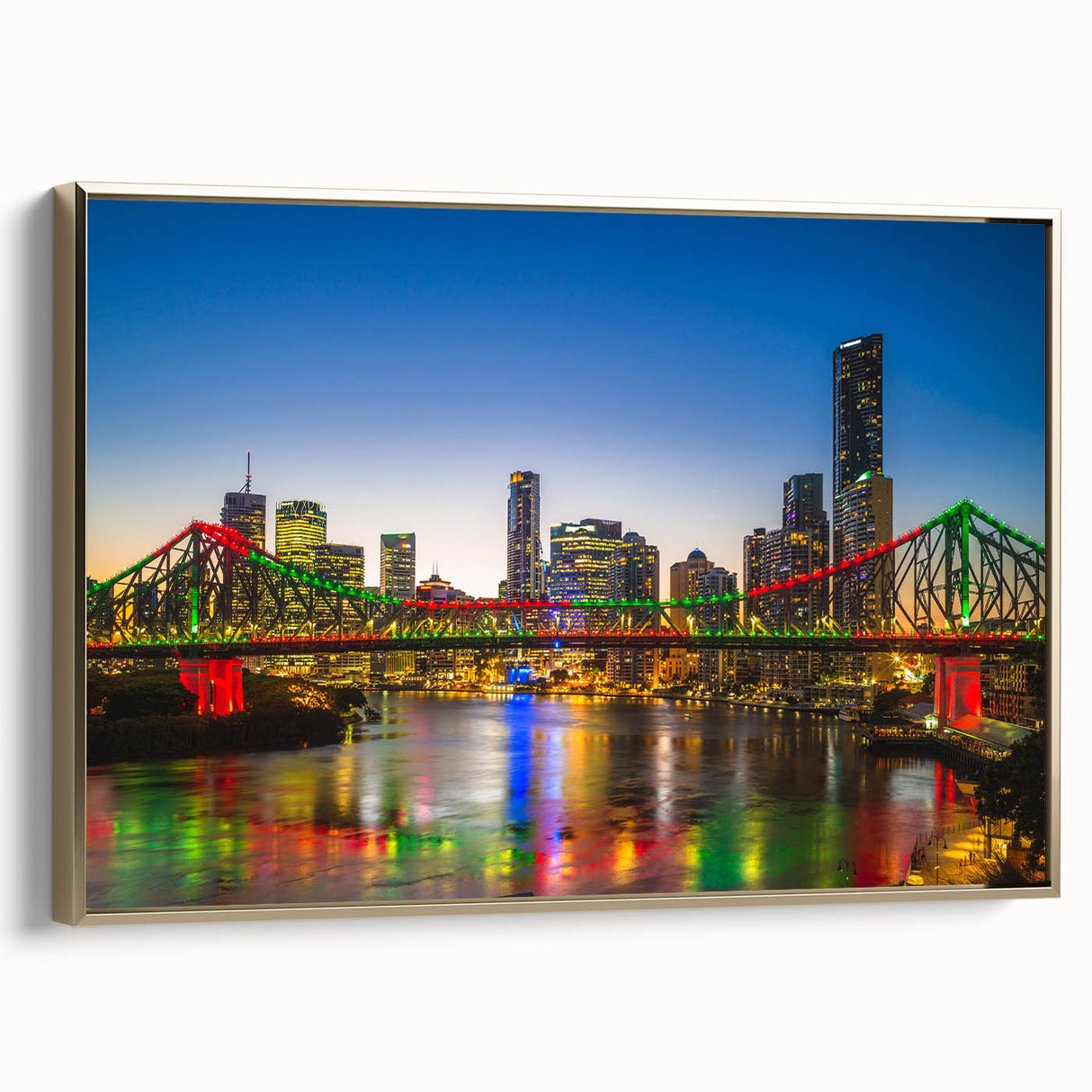 Framed canvas landscape art painting of Brisbane, featuring vibrant colors with a vintage poster style.