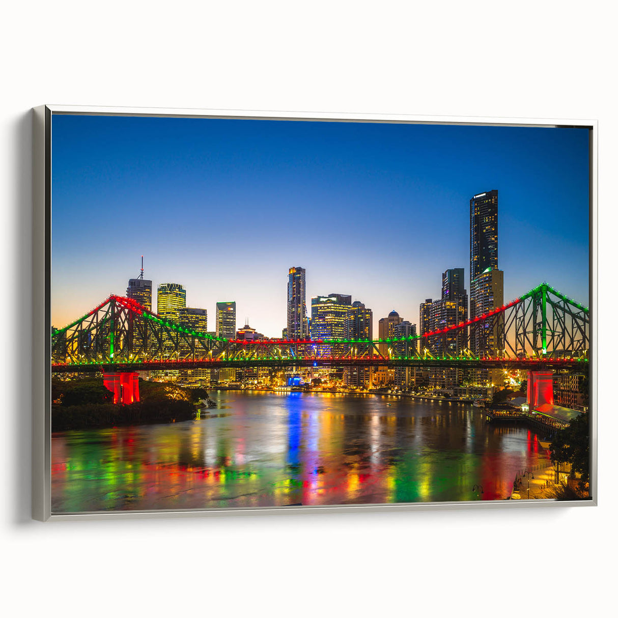 Vintage poster art of Brisbane scenery in vibrant colors on a large framed canvas, ideal for living room decor.