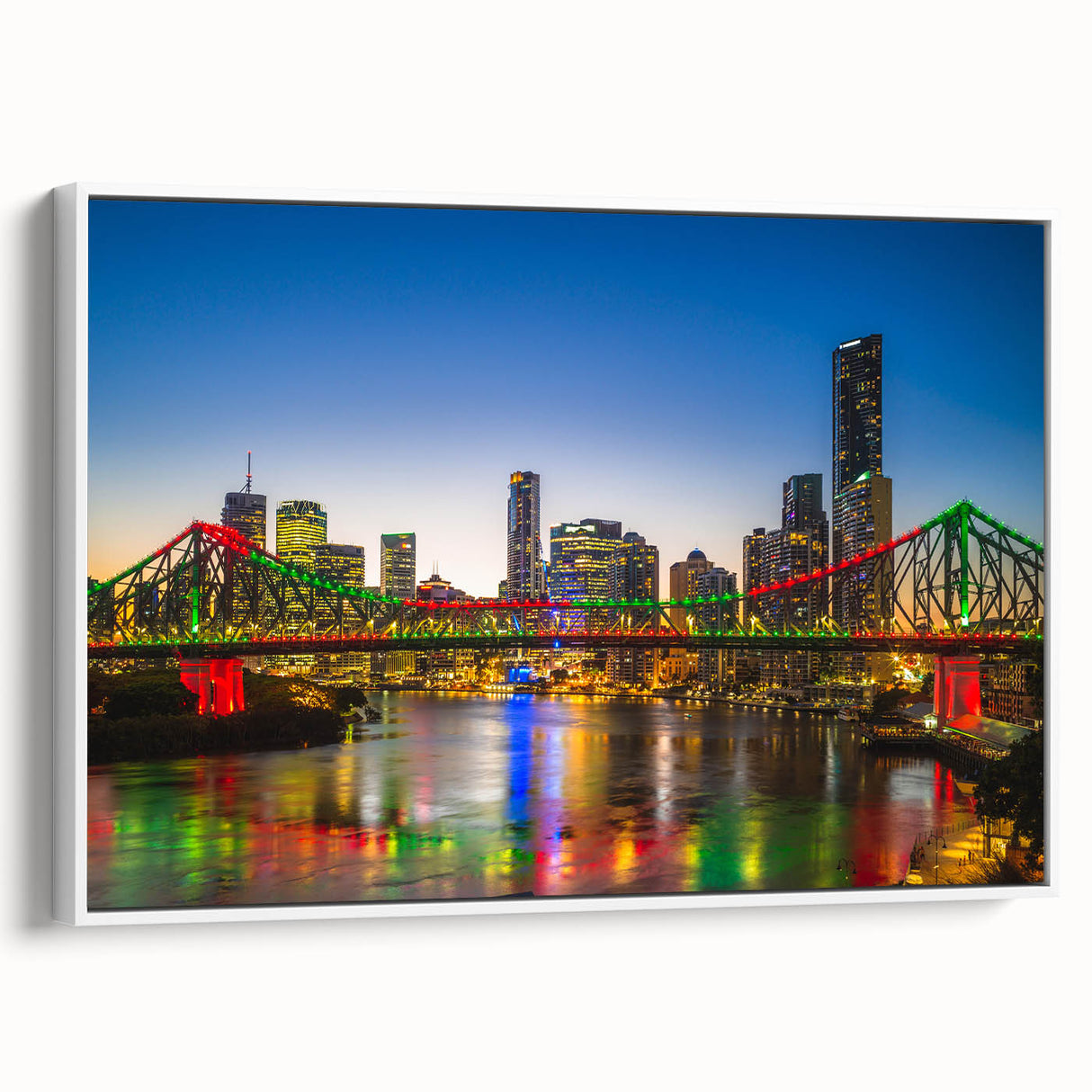 Framed canvas wall art depicting a vintage-style Brisbane landscape in black and white, ideal for bedroom decor.