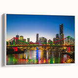 Framed canvas wall art depicting a vintage-style Brisbane landscape in black and white, ideal for bedroom decor.