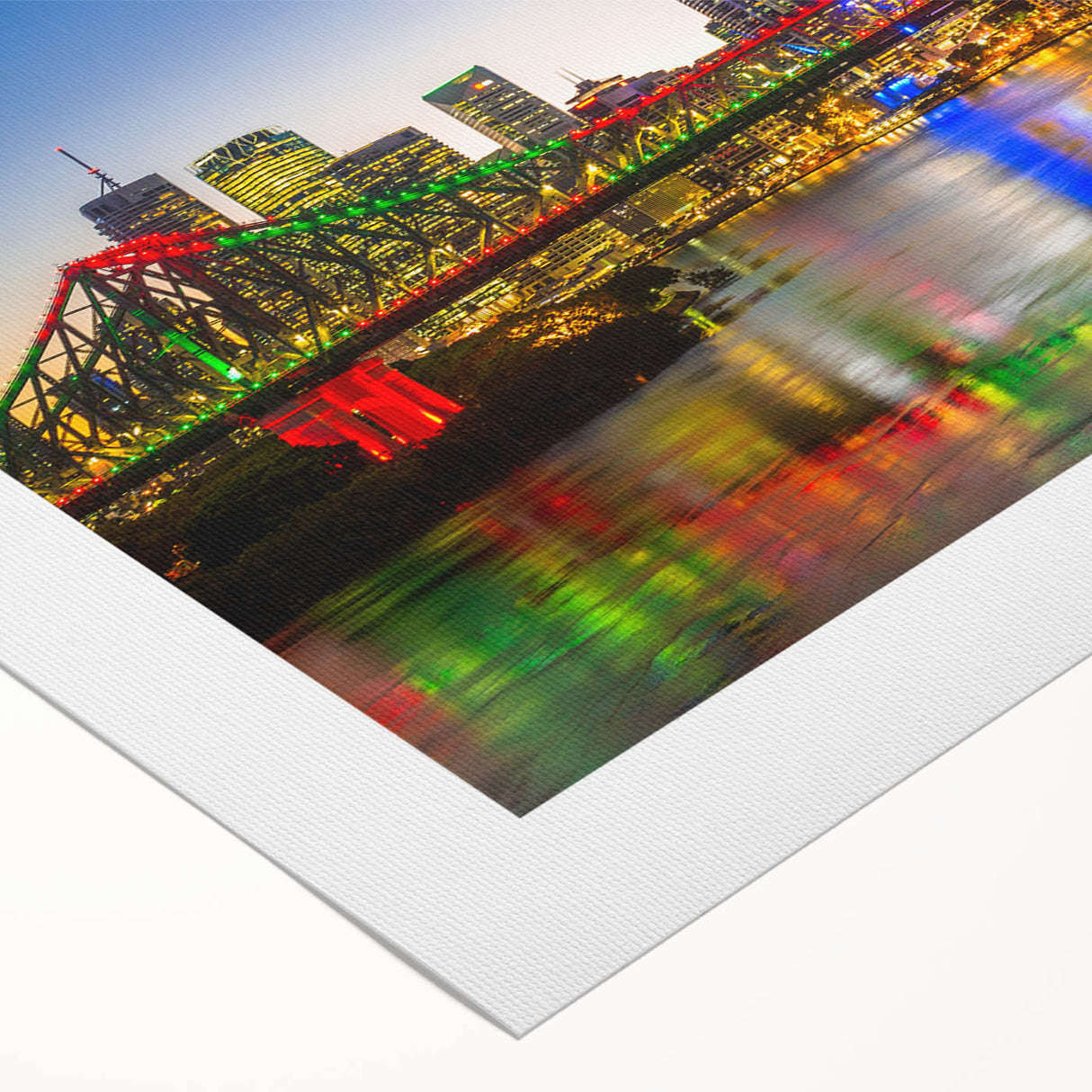 Art deco poster of Brisbane skyline in muted gray and blue tones on rolled canvas, suitable for dining room wall art.