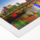 Art deco poster of Brisbane skyline in muted gray and blue tones on rolled canvas, suitable for dining room wall art.