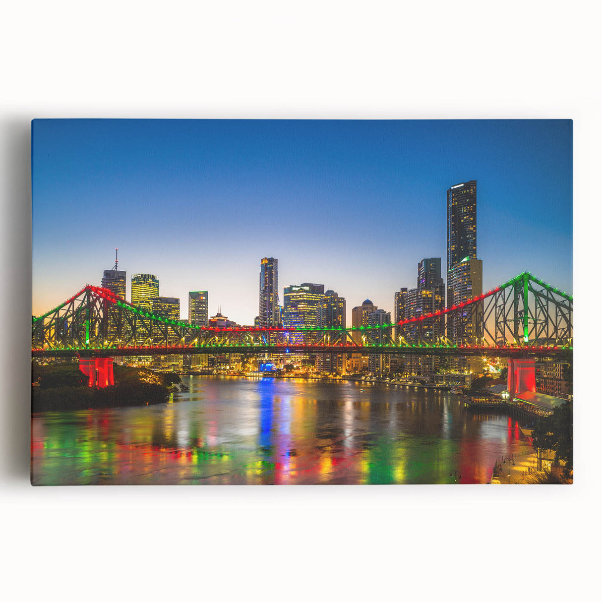 Black and white large art print of Brisbane skyline on stretched canvas, suitable for kitchen wall art.