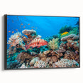 Framed canvas of a black and white Great Barrier Reef landscape, ideal for bedroom decor.