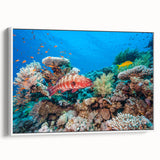 Framed canvas featuring a vintage poster art style of the Great Barrier Reef landscape in black and white tones.