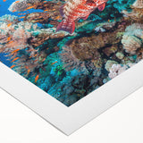 Art deco poster of the Great Barrier Reef in vibrant blue and green tones on rolled canvas, ideal for dining room wall art.