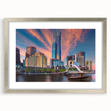 Abstract art print of Melbourne skyline in muted gray and silver tones on a framed canvas, suitable for dining room decor.