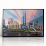 Large abstract wall art depicting Melbourne skyline in muted gray and black tones on a framed acrylic.