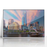 Mid-century modernist art of Melbourne skyline in muted colors on a framed acrylic, ideal for modern art wall decor.