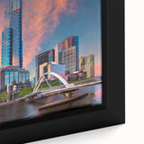 Framed canvas depicting a textured, colorful abstract view of Melbourne, ideal for living room decor.