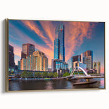 Landscape art painting of Melbourne skyline on framed canvas, featuring black and colorful vintage poster art style.