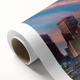 Art deco poster of Melbourne skyline in muted gold and blue tones on rolled canvas, ideal for nursery wall art.