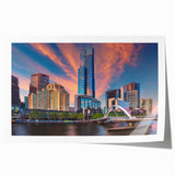 Extra large rolled print of Melbourne skyline in muted gray and blue tones, ideal for dining room wall art.