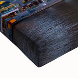 Large art depicting Melbourne skyline in black and white on stretched canvas, suitable for bedroom wall decor.