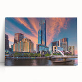 Black and white photo of Melbourne skyline on stretched canvas, ideal for kitchen wall art or bedroom ambiance.