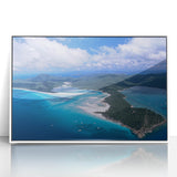 Art deco poster of Queensland, Australia scenery in muted pastel shades on a framed acrylic.