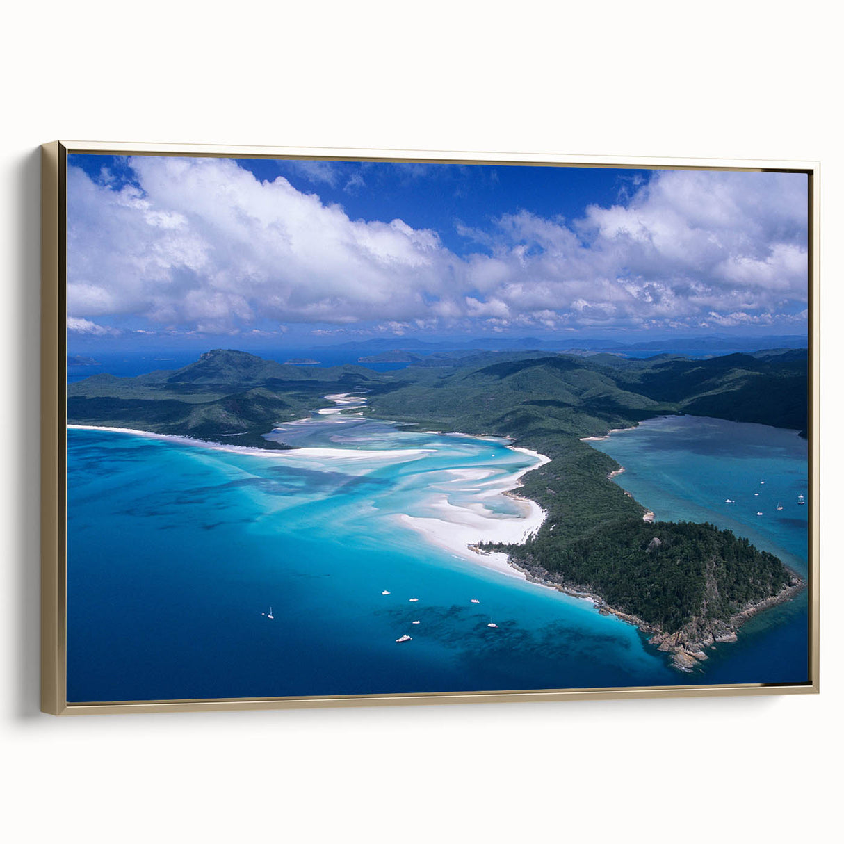 Framed canvas depicting a vintage-style landscape of Queensland, Australia, with subdued gold and black tones.