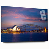 Large abstract depiction of Sydney skyline in muted blue tones on acrylic glass, suitable for bedroom or dining room decor.