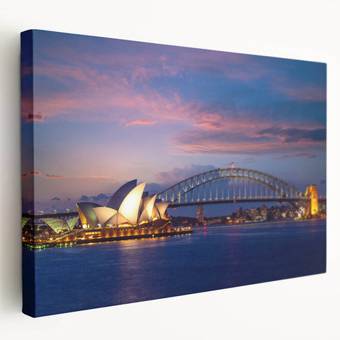 Sydney skyline on a large stretched canvas with muted blue and gray tones, suitable for kitchen wall art.