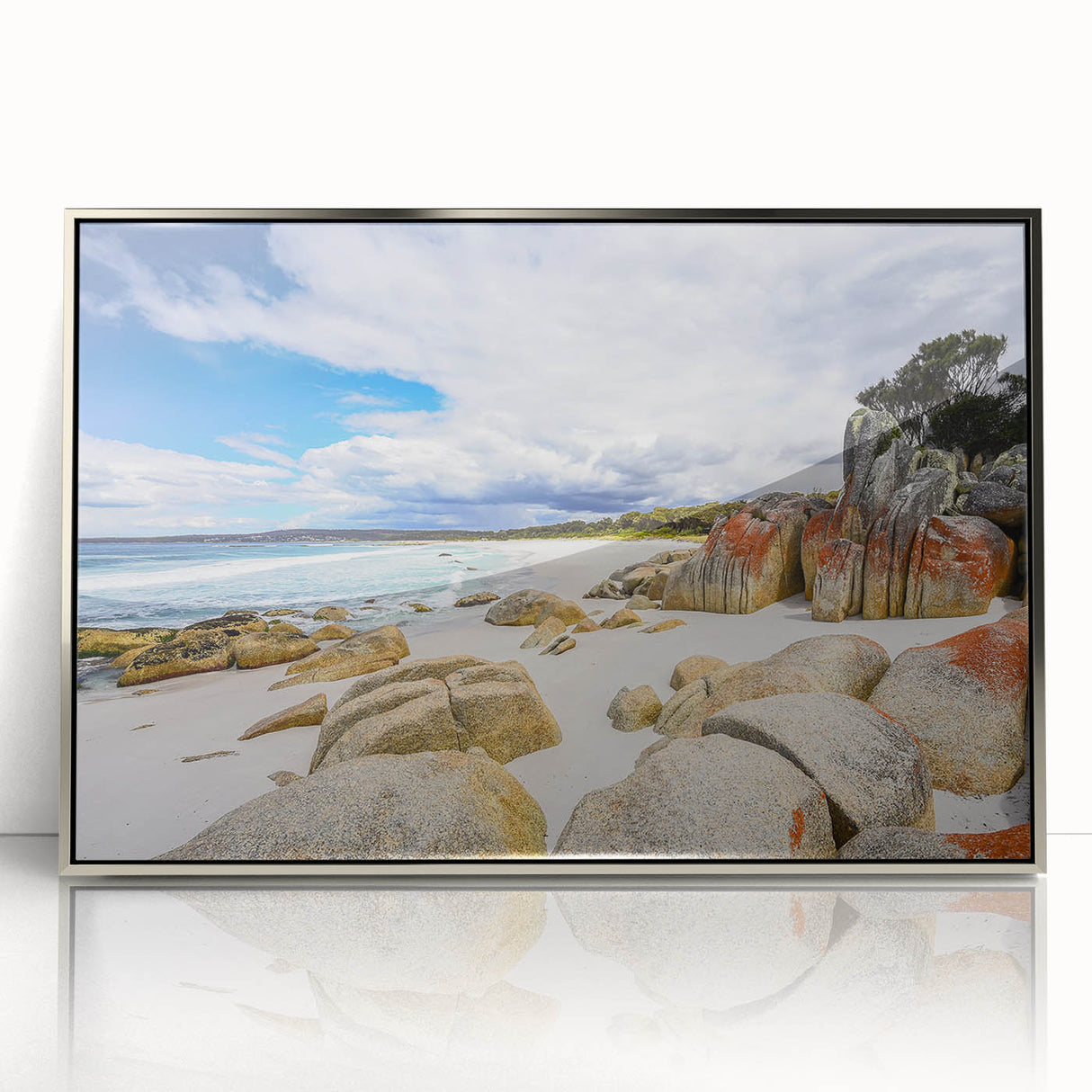 Large art print of a Tasmanian landscape in muted earth tones on a silver-framed acrylic, suitable for modern art wall decor.
