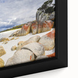 Extra large framed canvas of a textured Tasmanian landscape in black with colorful accents, ideal for living room decor.