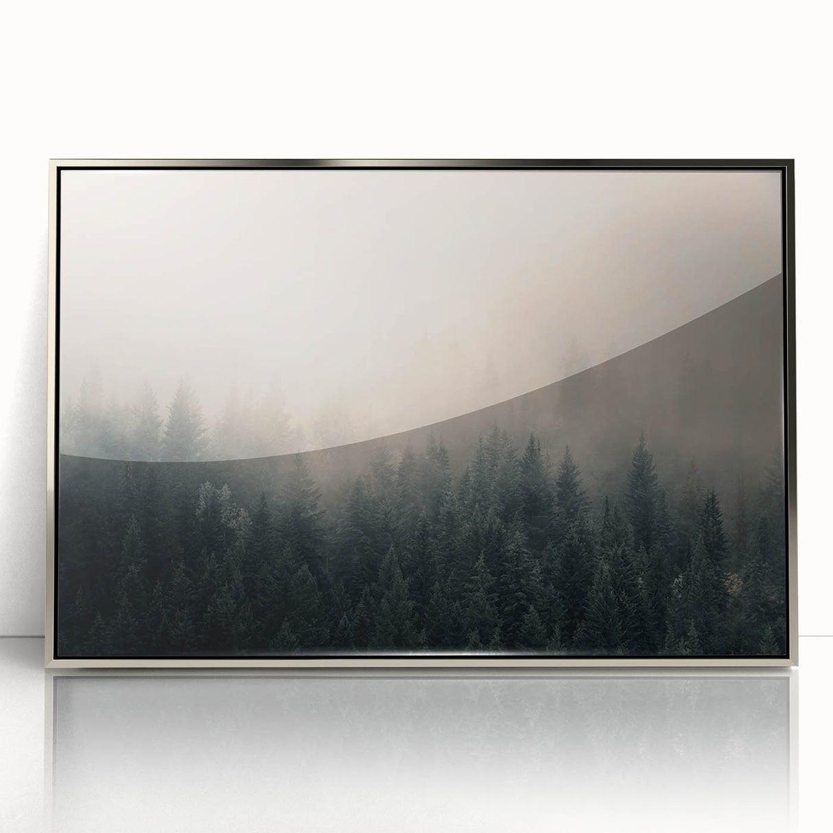 Mid-century modernist art of British Columbia scenery in silver-framed acrylic, featuring cool blue and green tones.