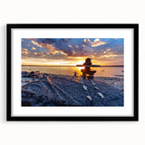 Abstract art print of colorful, textured scenery in Manitoba on a large canvas, framed in black, ideal for living room decor.