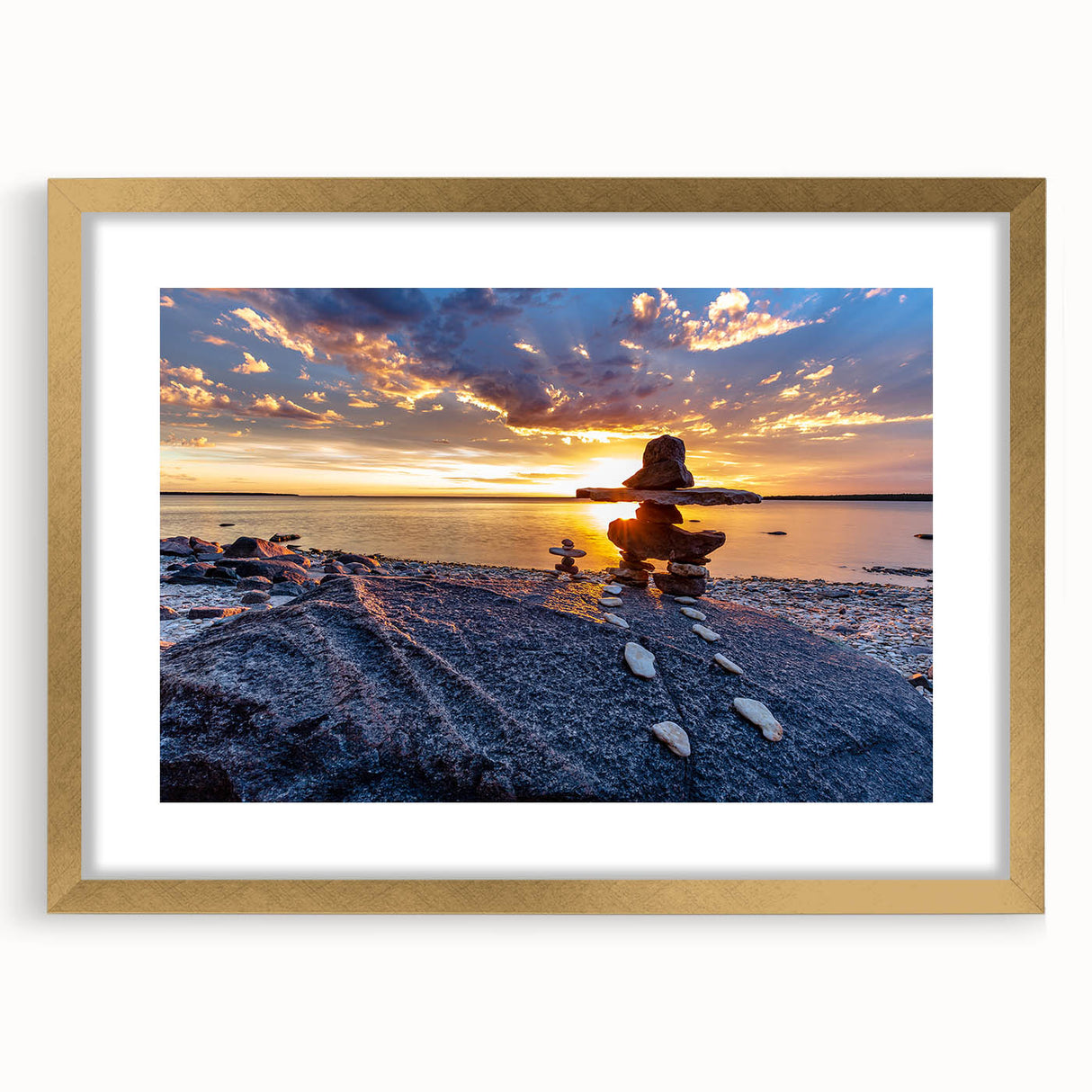Extra large abstract art print of textured Manitoba scenery in muted earth tones, framed in gold.