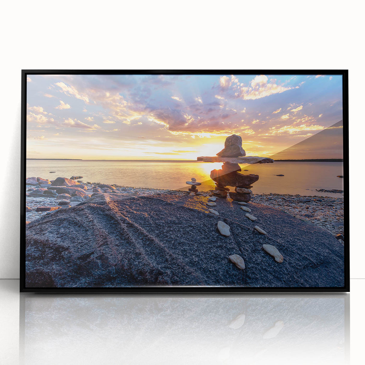 Large abstract wall art depicting a scenic Manitoba landscape in muted earth tones, framed in black acrylic.