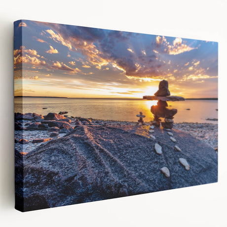 Large art depicting a serene Manitoba, Canada scenery in muted green and blue tones on stretched canvas.