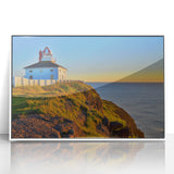 Acrylic print of a serene Newfoundland landscape in soft pastel shades, framed in white, suitable for modern nursery decor.