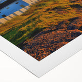 Art deco poster of Newfoundland scenery in muted earth tones on rolled canvas, suitable for dining room wall art.