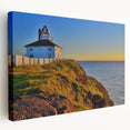 Scenic Newfoundland landscape on large stretched canvas with lush green and blue tones, suitable for kitchen wall art.