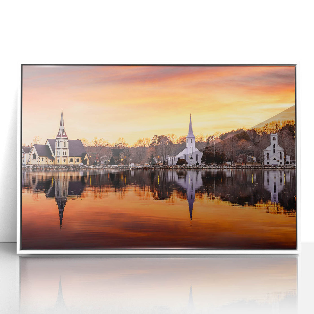 Acrylic print of a serene Nova Scotia landscape in soft blue and green shades, framed in white.