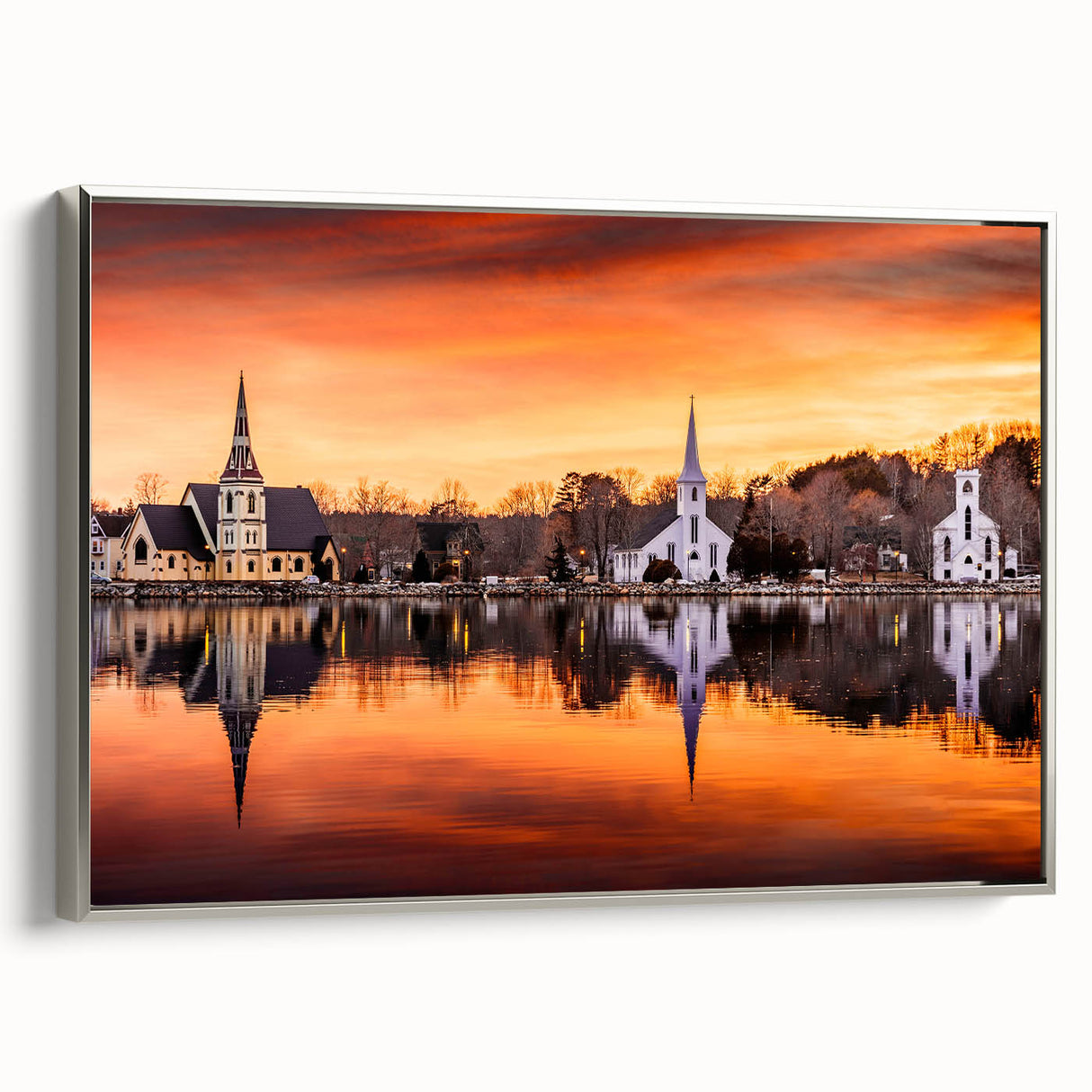 Framed canvas of a vintage-style Nova Scotia landscape, featuring muted earth tones.